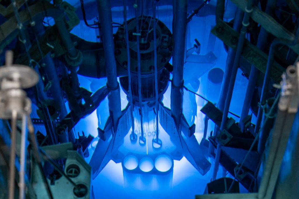 Photo shows the "blue glow" of the current reactor at the University of Missouri Research Reactor.