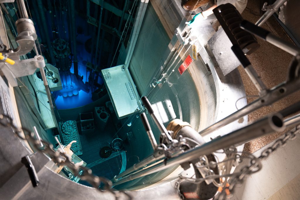 Photo of the research reactor at the University of Missouri Research Reactor with the "blue glow."