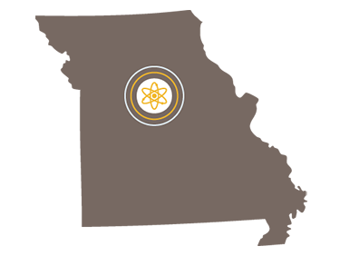 Outline of the state of Missouri, with a nucleus symbol where MURR is located.